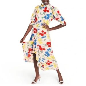 Women's Rixo Floral Mock Neck Cascade Ruffle Dress, White Floral, sz 0